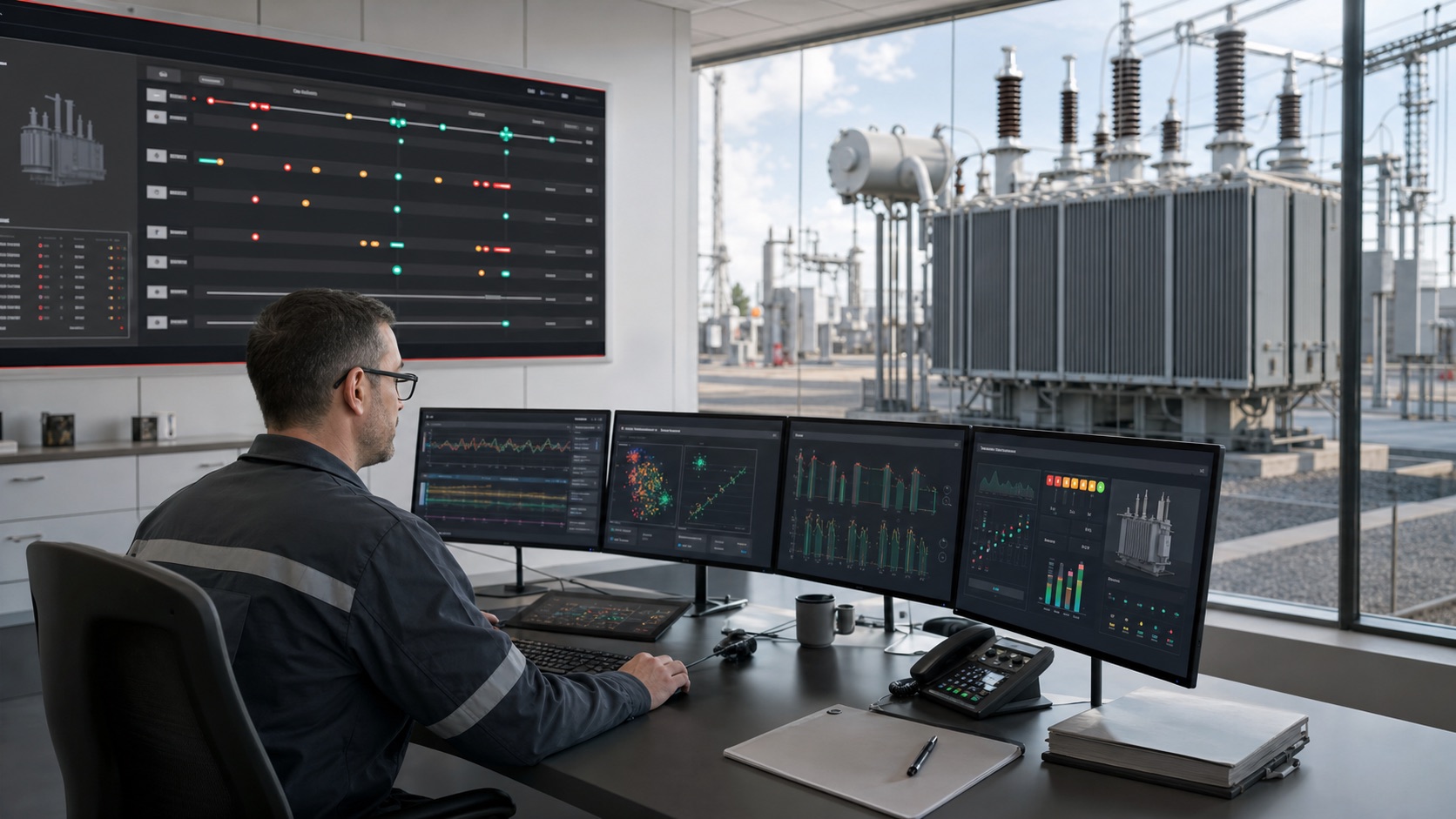 Transformer reliability engineer reviewing diagnostic timelines and asset evidence in a utility control room