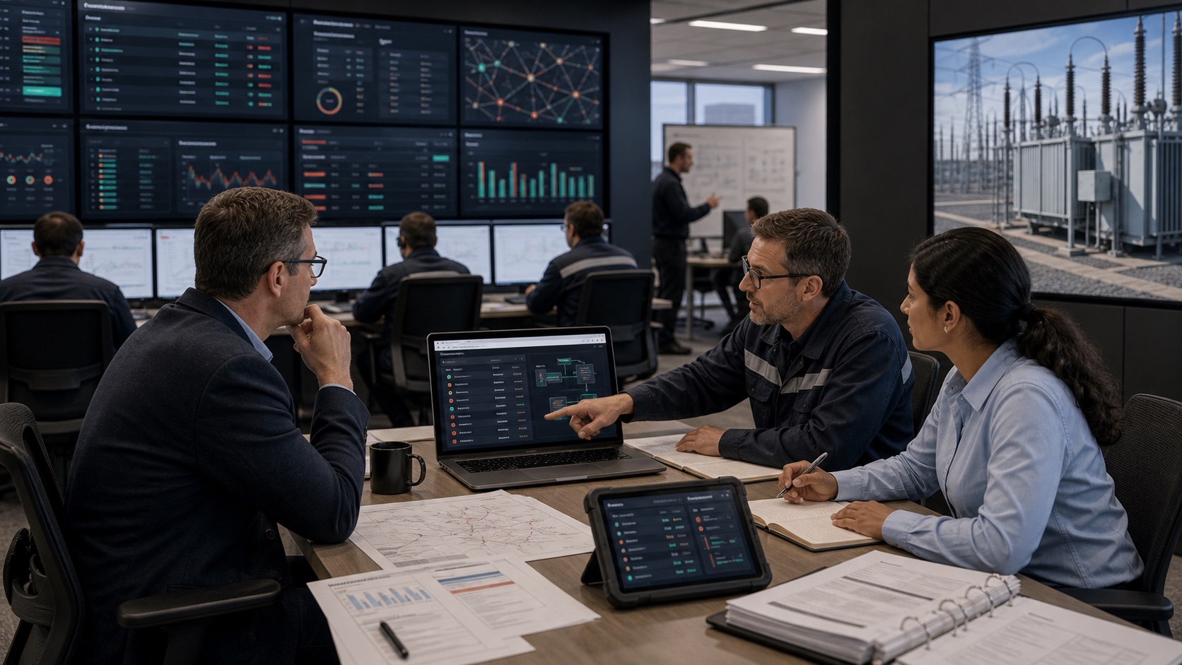Utility operations and transformer engineers reviewing human-approved agentic AI workflows in a control center