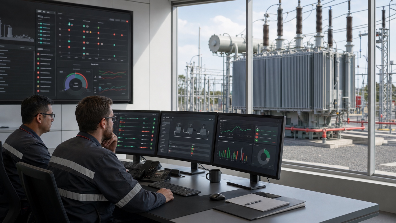 Utility transformer engineers reviewing an agentic AI evidence workflow beside a power transformer yard