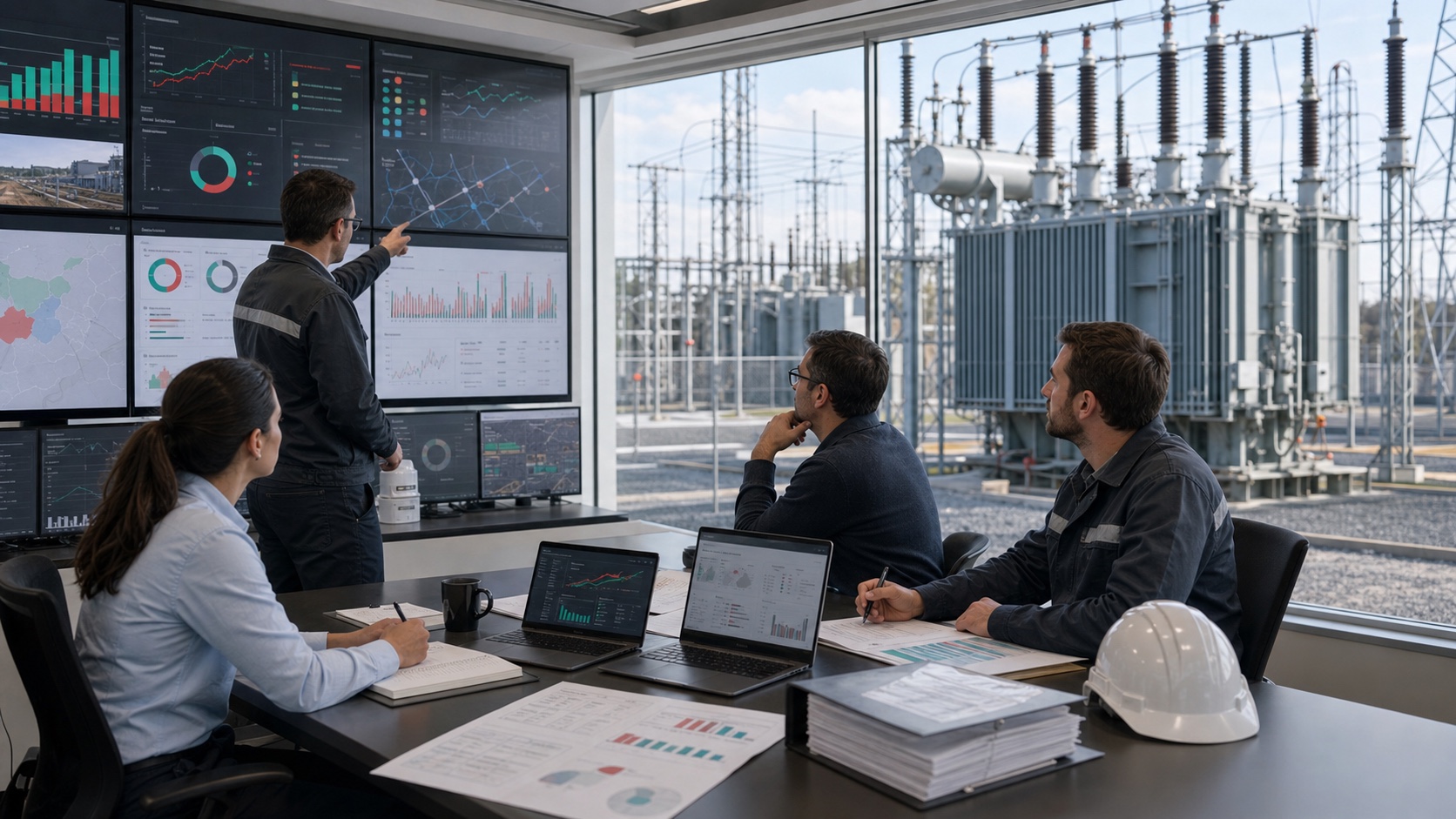Utility planners reviewing AI data center load growth and transformer planning evidence beside a substation
