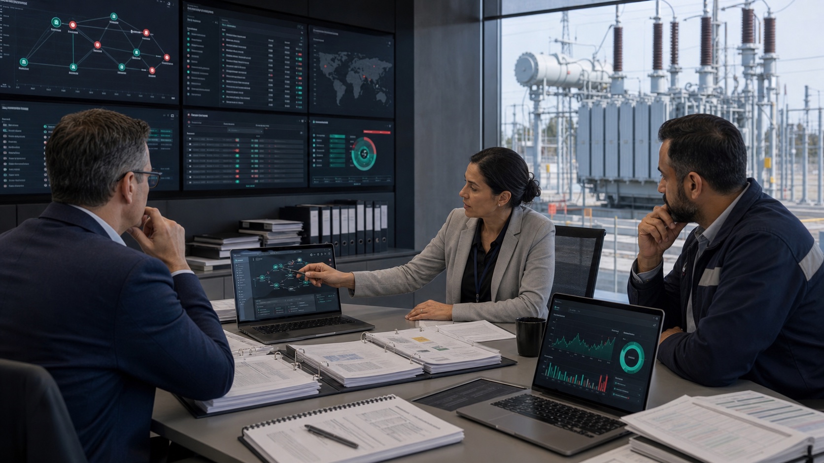 Utility AI governance team reviewing agent permissions, audit trails, and transformer evidence workflows