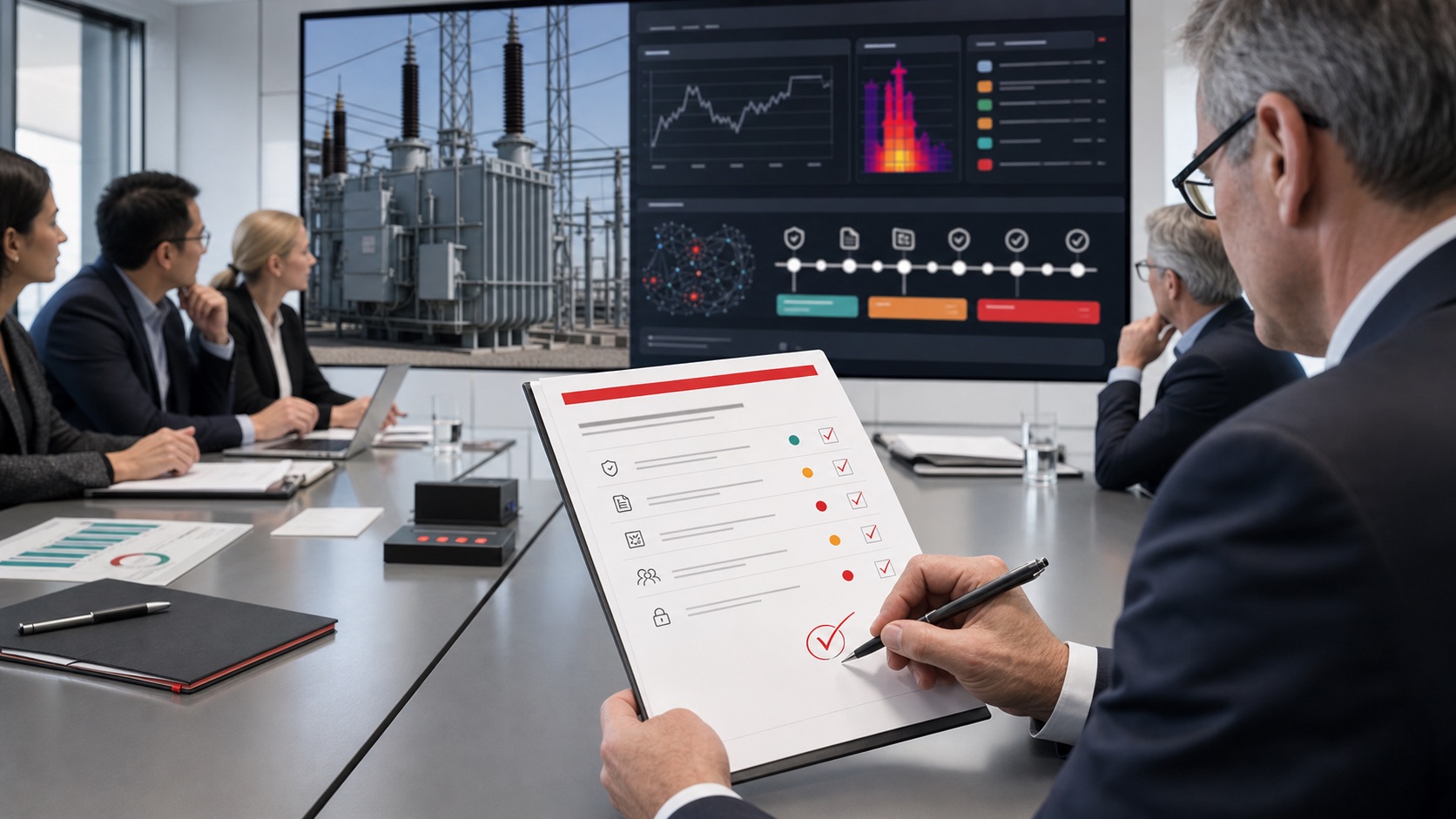 Chief engineer reviewing transformer AI evidence pack and decision signoff in an engineering boardroom