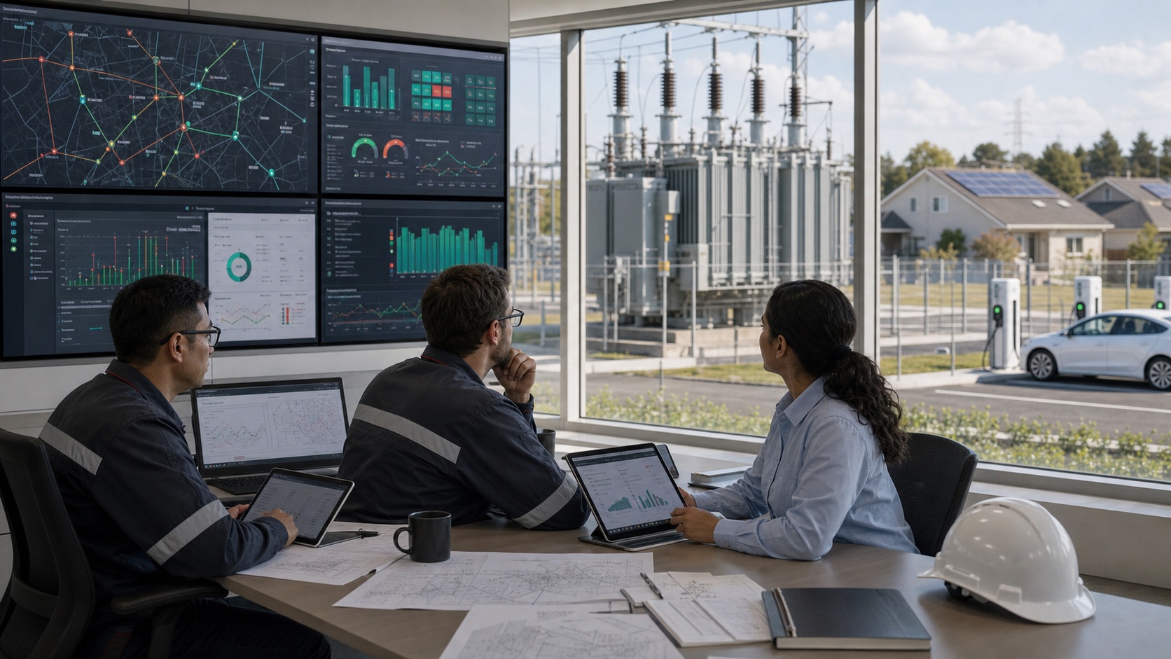 DSO engineers reviewing DER visibility, feeder telemetry, and transformer APM evidence