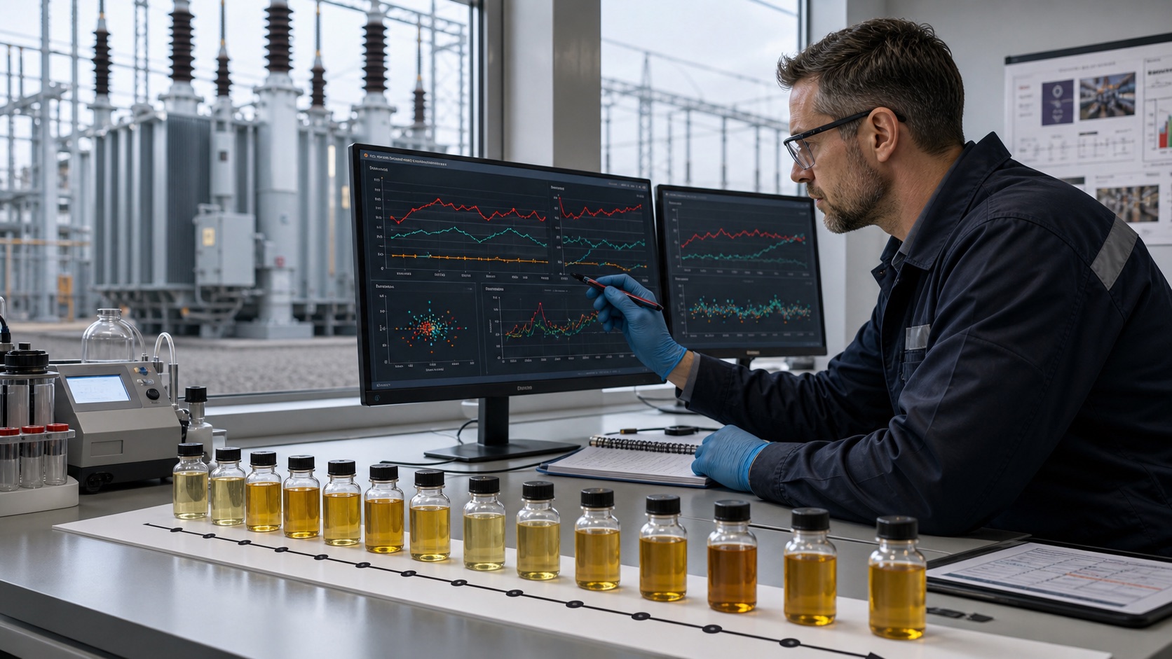 Transformer oil samples arranged as a diagnostic timeline beside DGA trend analysis screens