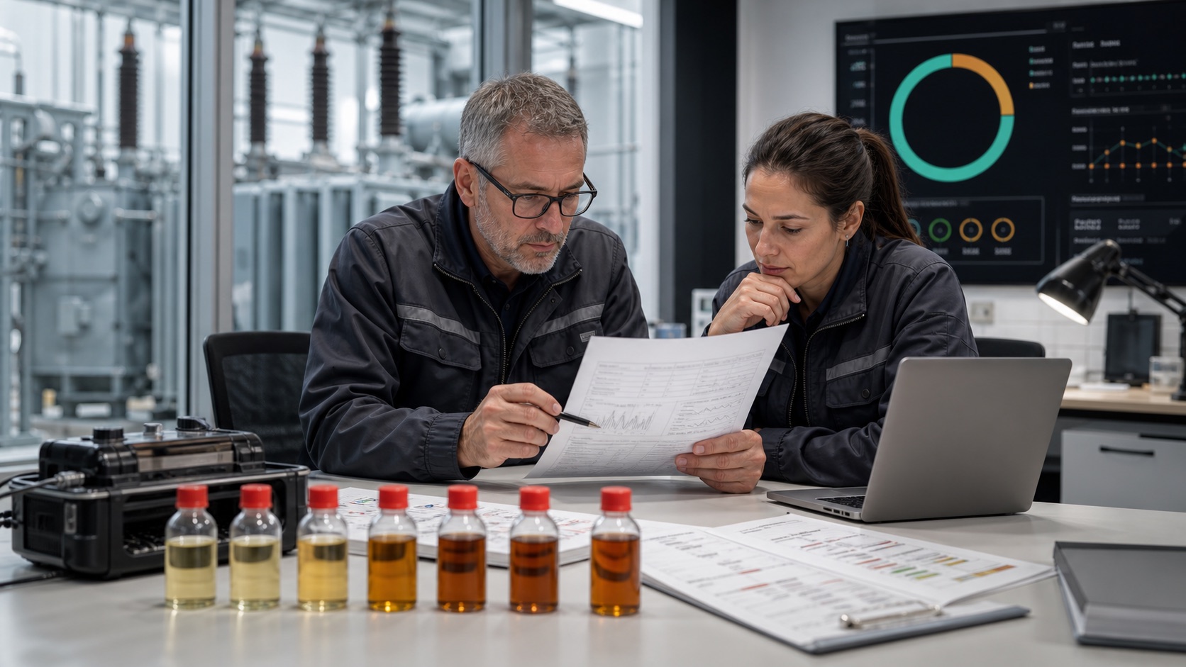 Transformer oil samples and asset health score evidence reviewed by maintenance engineers