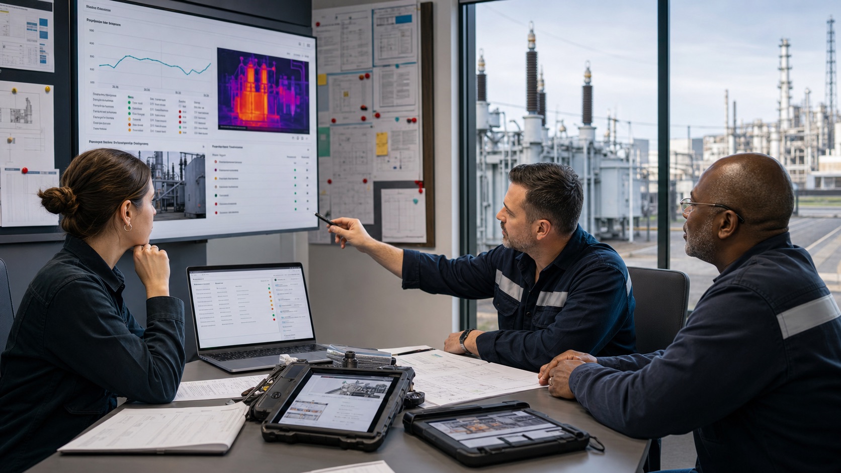 Transformer maintenance and reliability team reviewing diagnostic evidence and work plans near an industrial substation