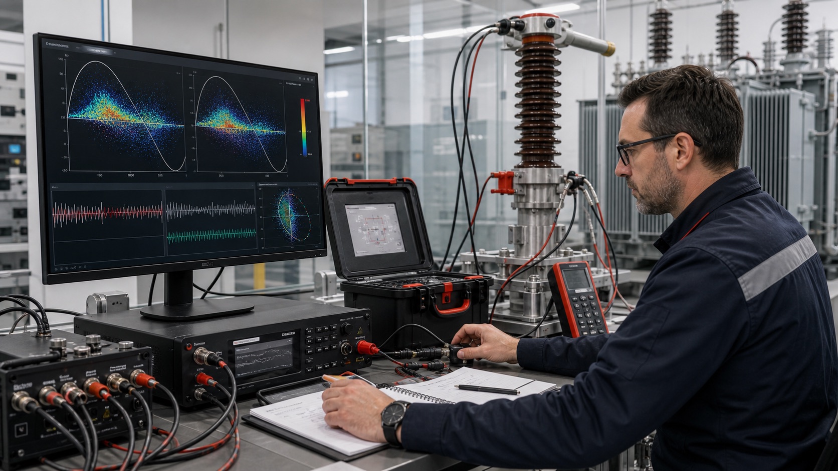 Transformer partial discharge calibration equipment and PRPD pattern display in a high-voltage diagnostics lab