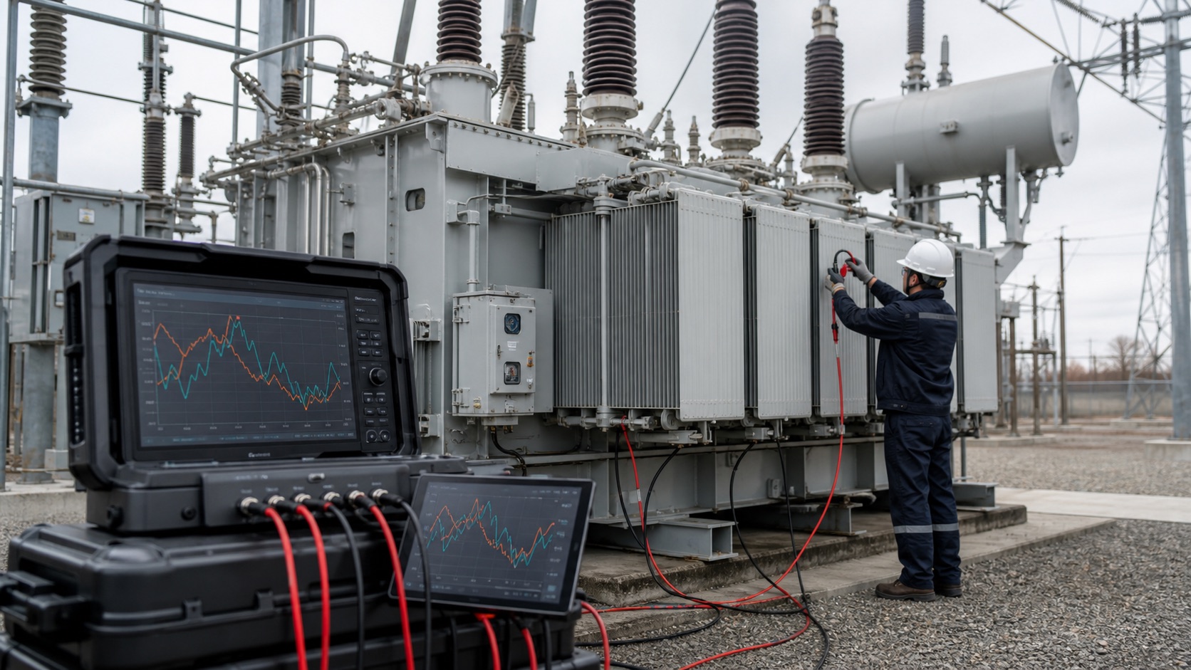 SFRA diagnostic analyzer and measurement leads connected to a power transformer in a substation