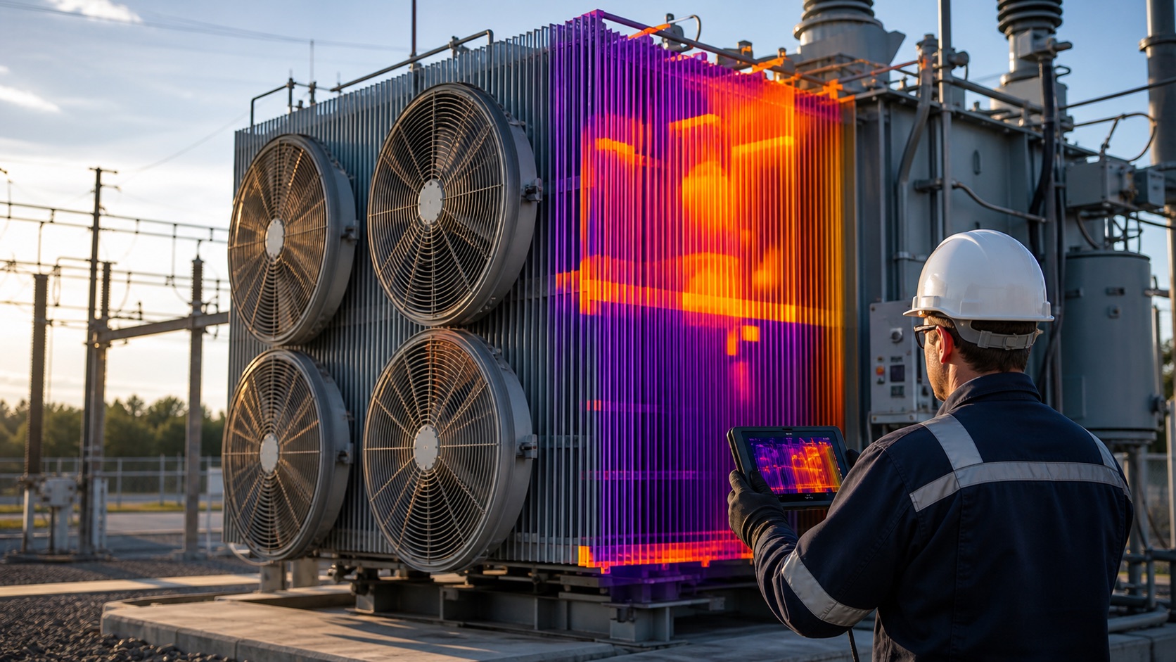 Power transformer cooling bank inspected with a thermal diagnostic overlay and rugged tablet