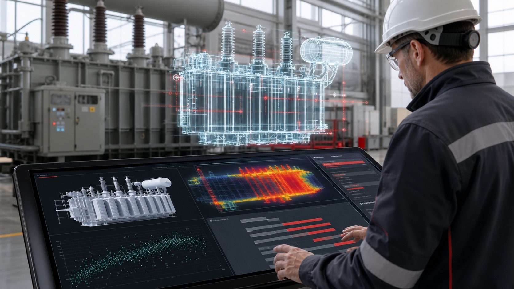 Engineer comparing a digital transformer model with real transformer test-bay evidence on an interactive workstation
