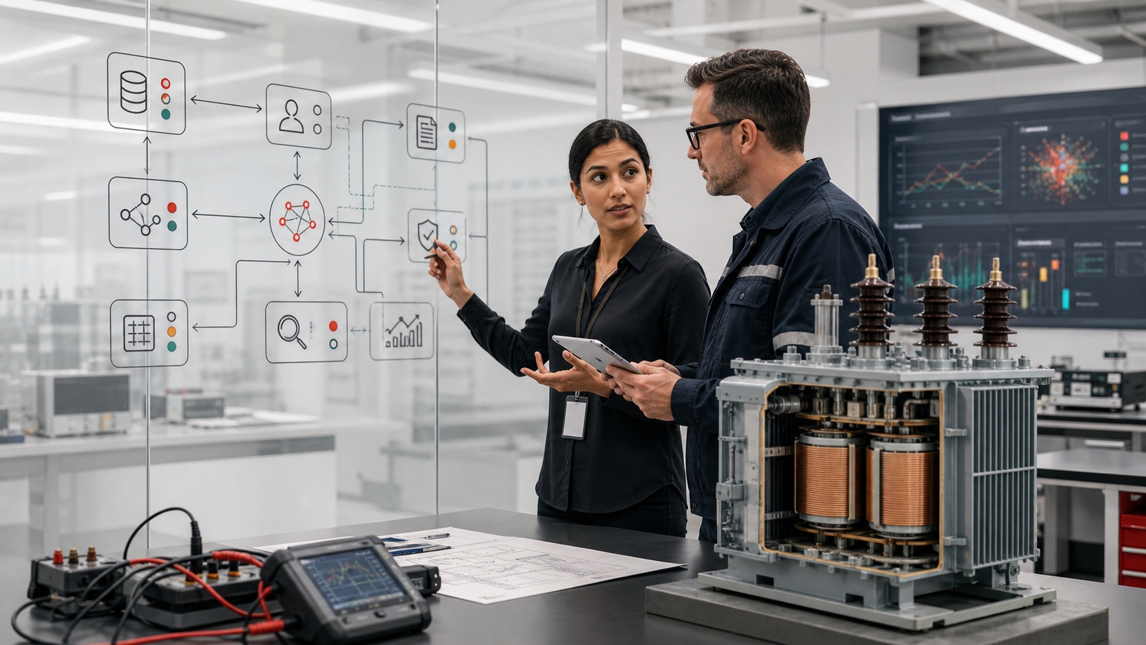 Transformer diagnostics expert and AI engineer mapping asset evidence and agent workflow on a glass wall