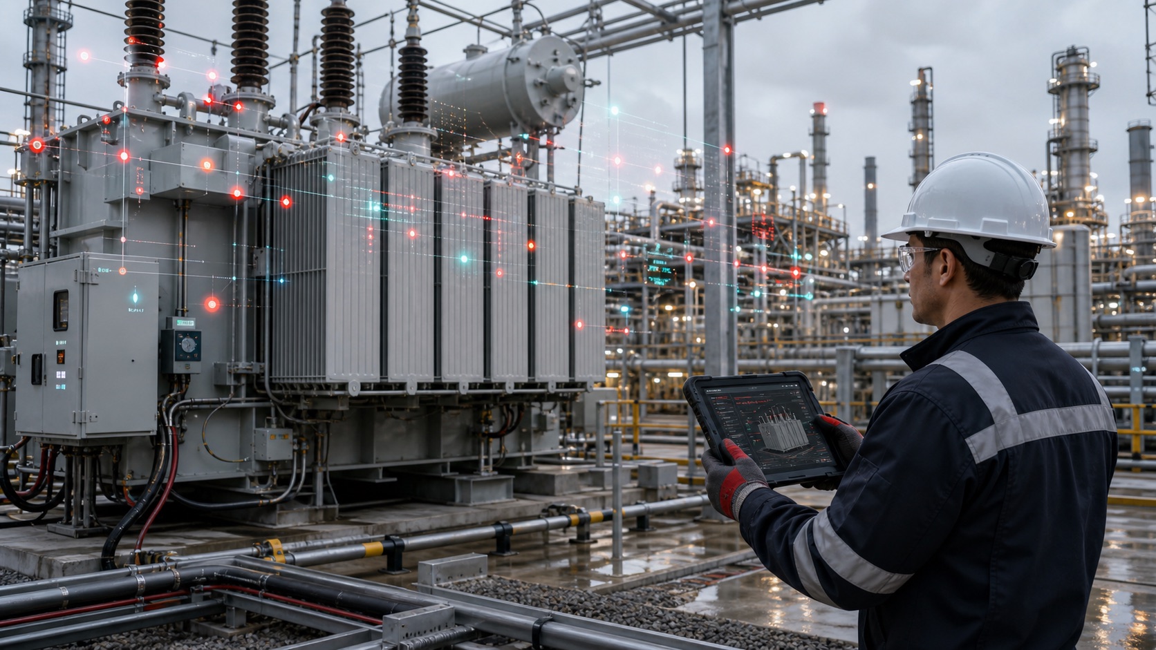 Electrical reliability engineer inspecting a power transformer at an oil and gas industrial electrical substation
