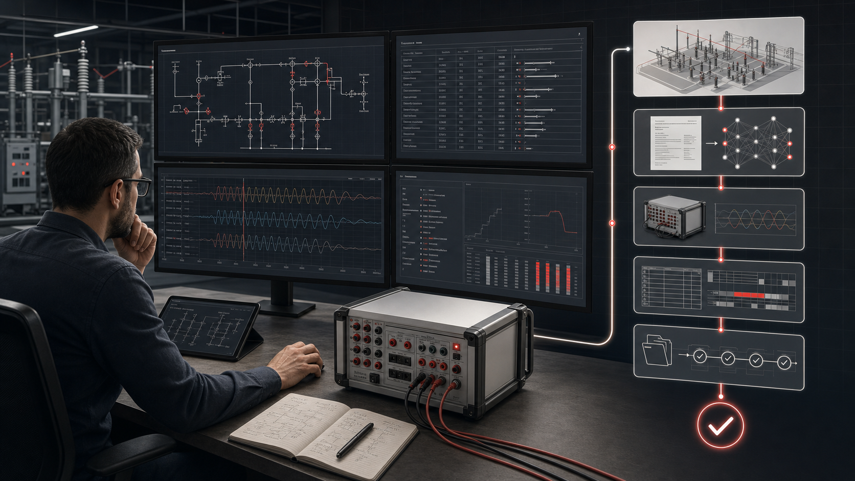 Protection engineer reviewing an AI-assisted relay test workflow from study case inputs through measured evidence and final sign-off