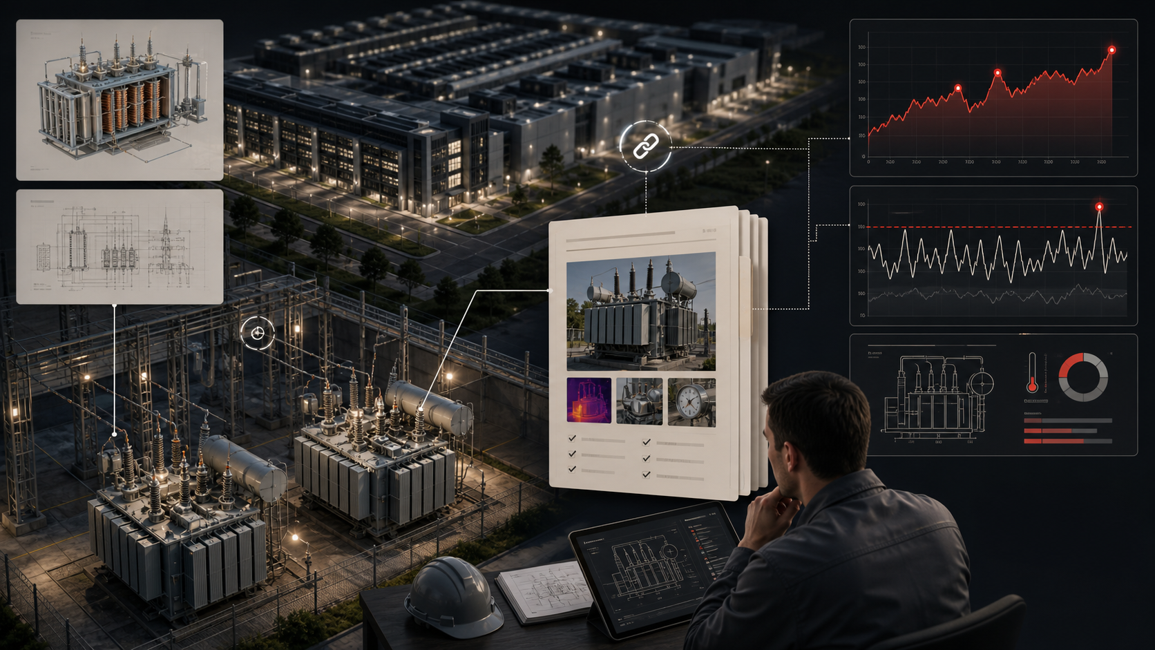Engineers reviewing data-center transformer load-growth, thermal-margin, commissioning, and maintenance evidence in a source-linked pack