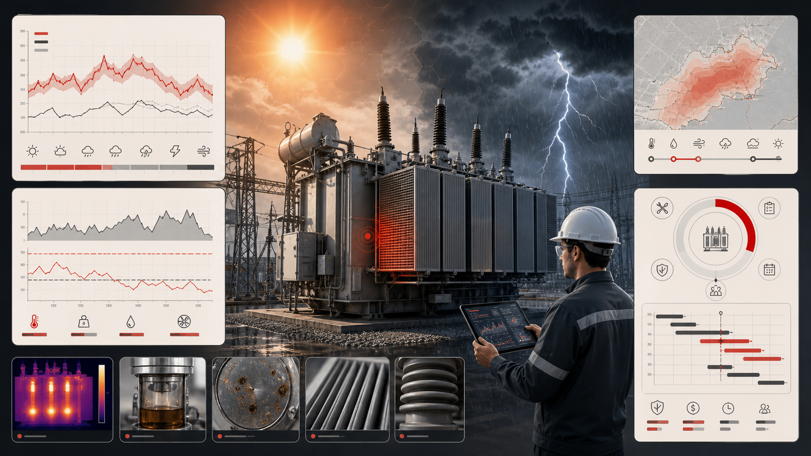 Maintenance engineers reviewing transformer heat, loading, cooling, and climate-scenario evidence before approving work