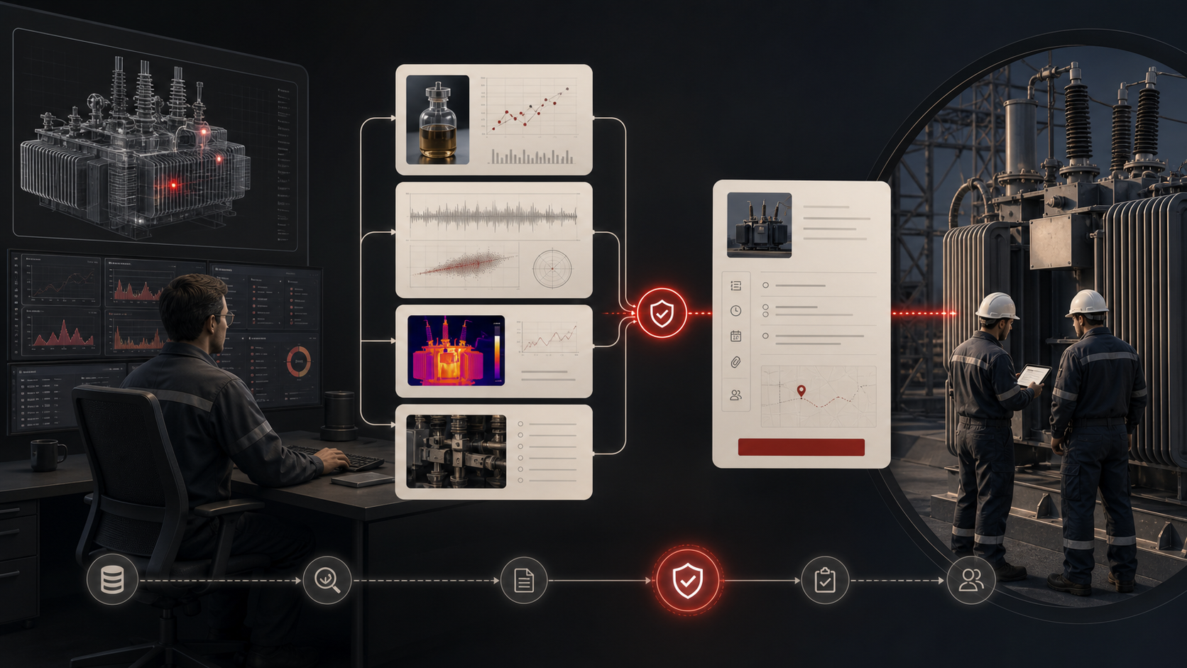 Utility maintenance planner reviewing a source-linked transformer APM evidence handoff before creating an EAM task