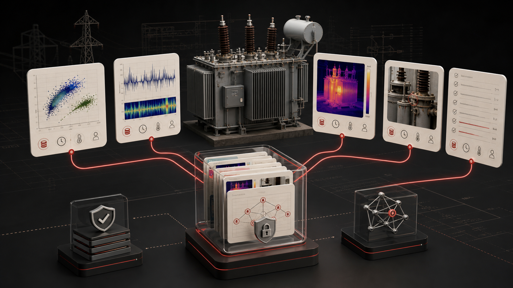 Engineer inspecting transformer AI evidence provenance fields for source, timestamp, unit, reviewer, and approval status