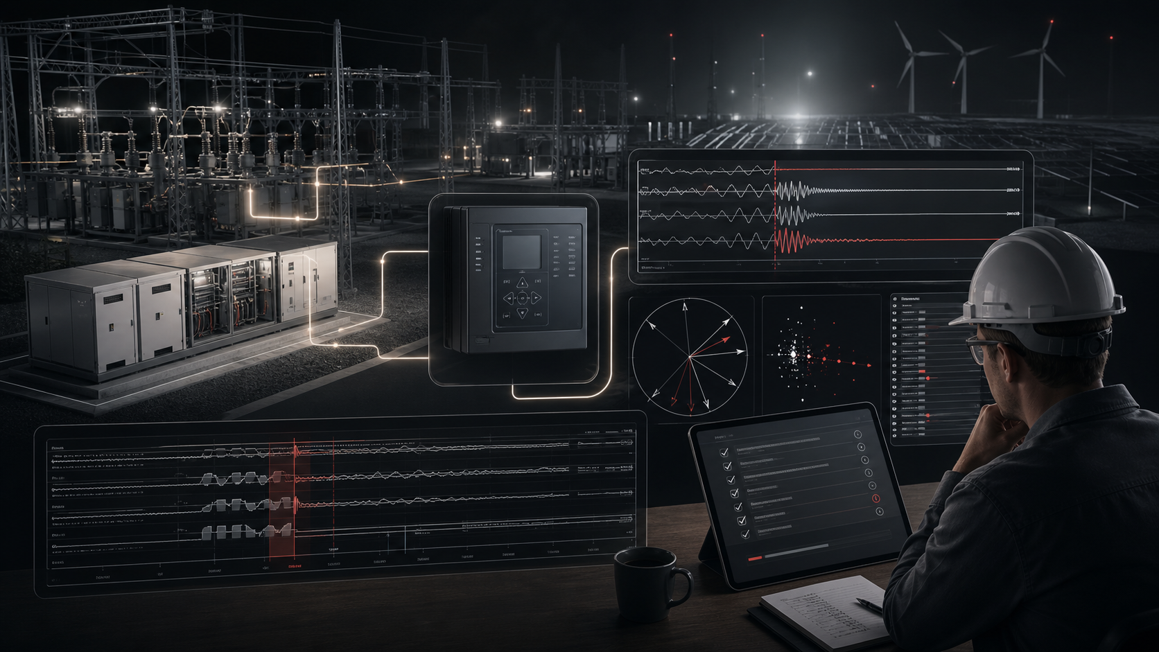 Engineer reviewing an inverter-based resource trip evidence checklist with COMTRADE waveforms, event timestamps, settings, and ride-through states