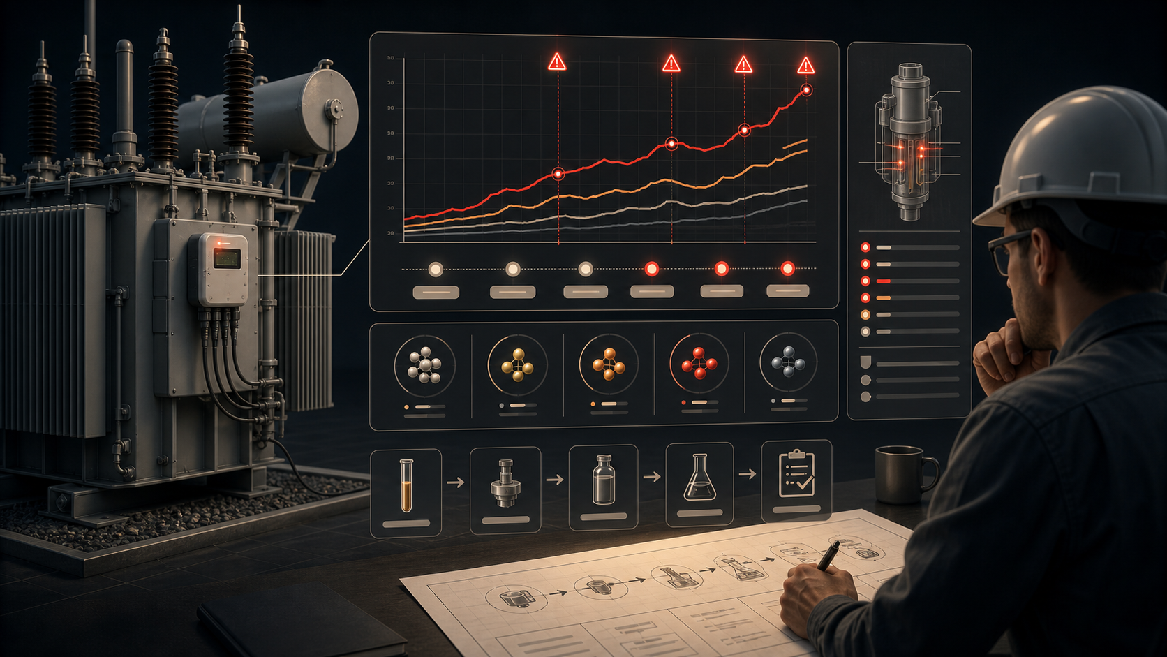 Engineer reviewing online transformer DGA gas trends alongside monitor health and laboratory reconciliation evidence
