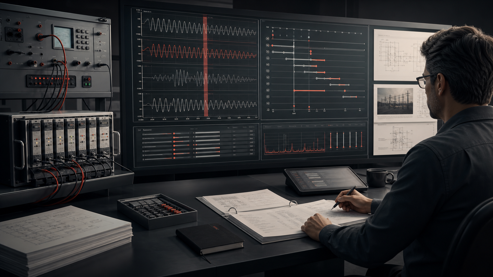 Protection engineer reviewing disturbance-record waveforms, relay settings, and an AI-drafted event summary before final disposition