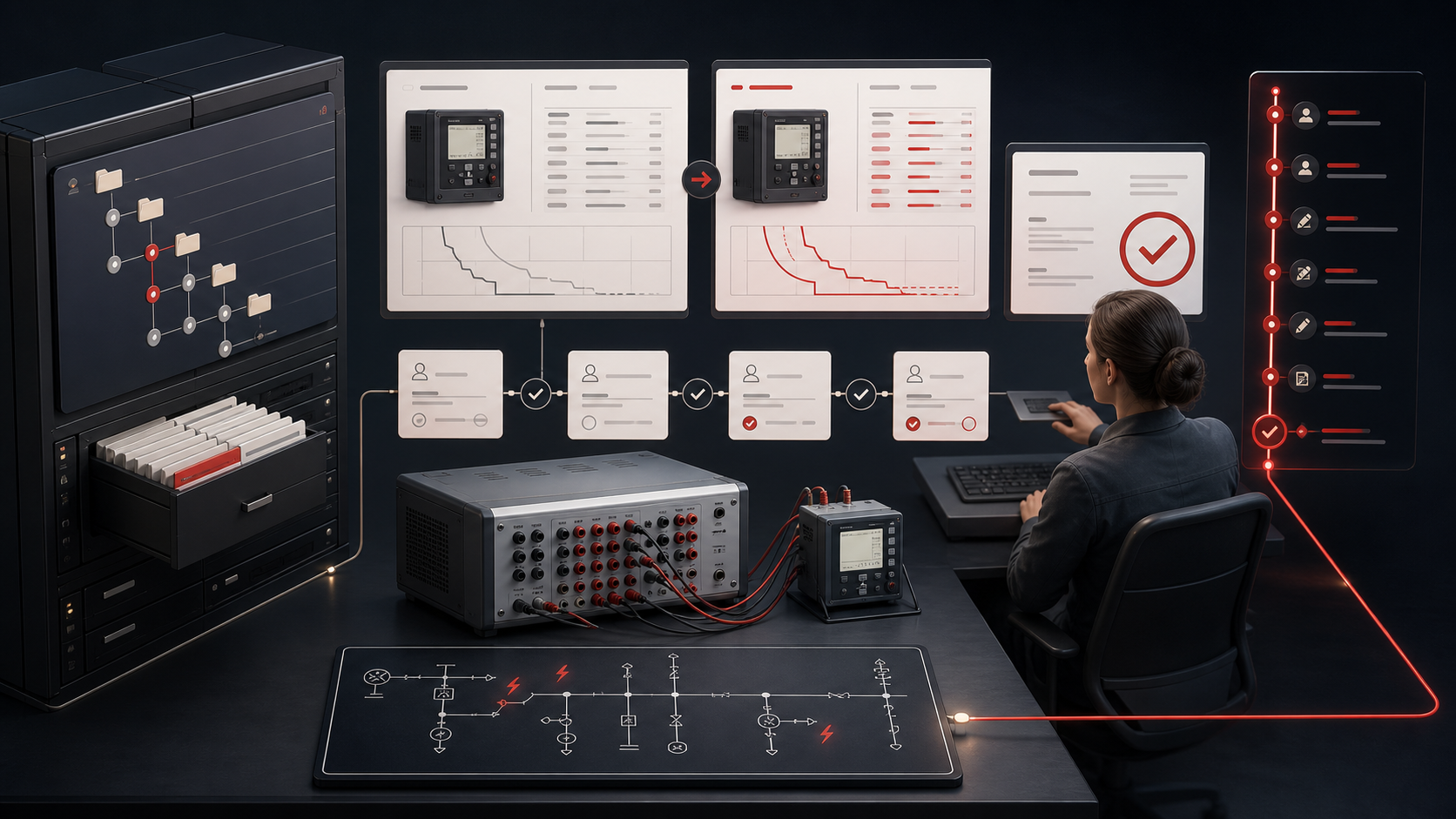 Protection engineer comparing versioned relay settings, coordination evidence, peer-review comments, and an engineer-approved change record
