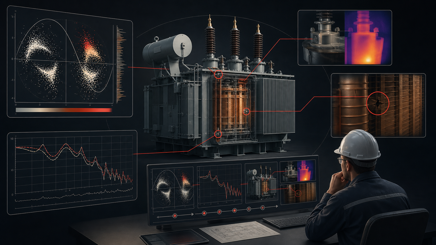 Diagnostic engineers comparing PRPD patterns and SFRA traces with transformer test configuration and maintenance evidence