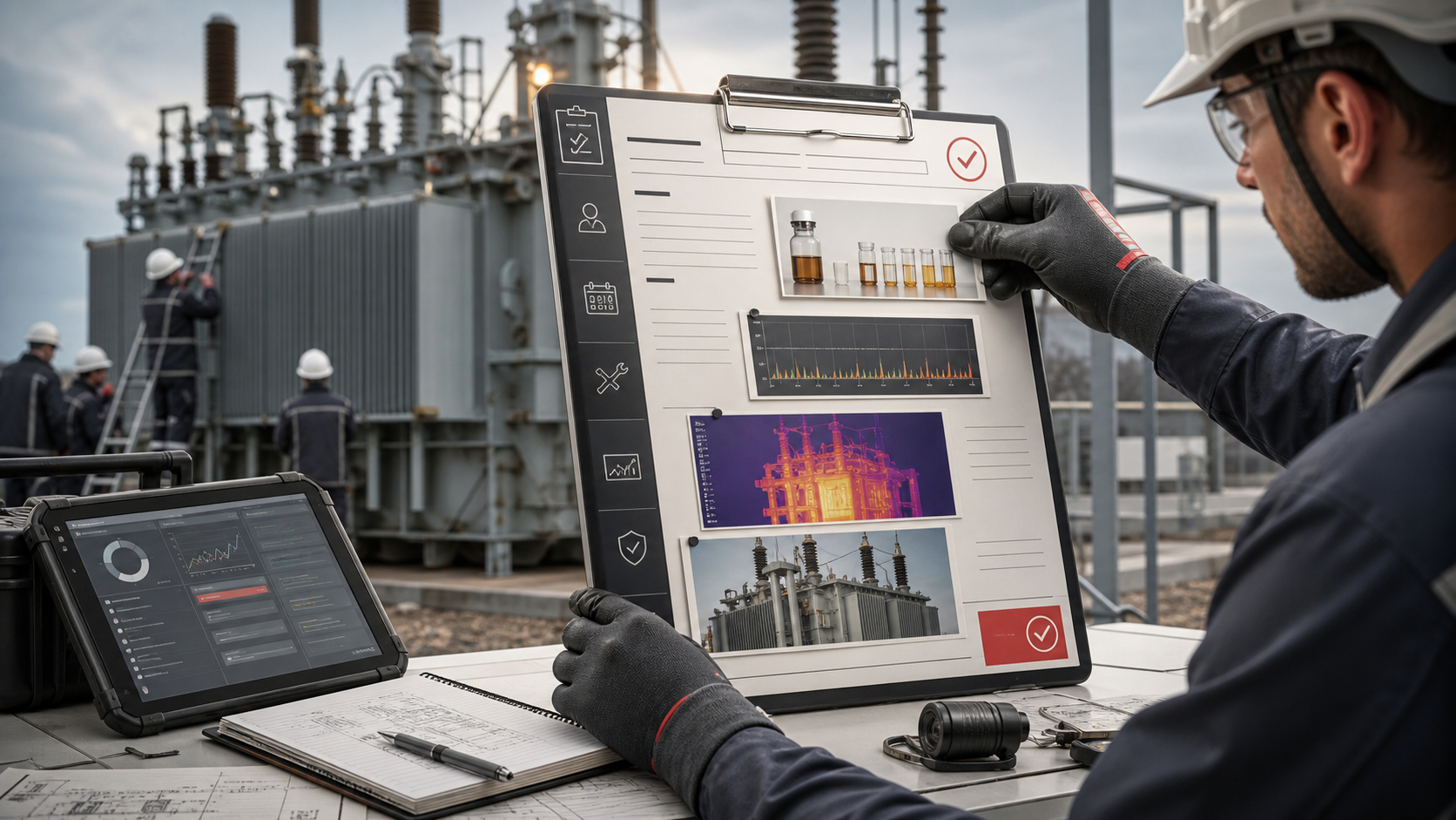 Maintenance planner reviewing transformer diagnostic evidence, work scope, CMMS fields, and engineer approval before an outage