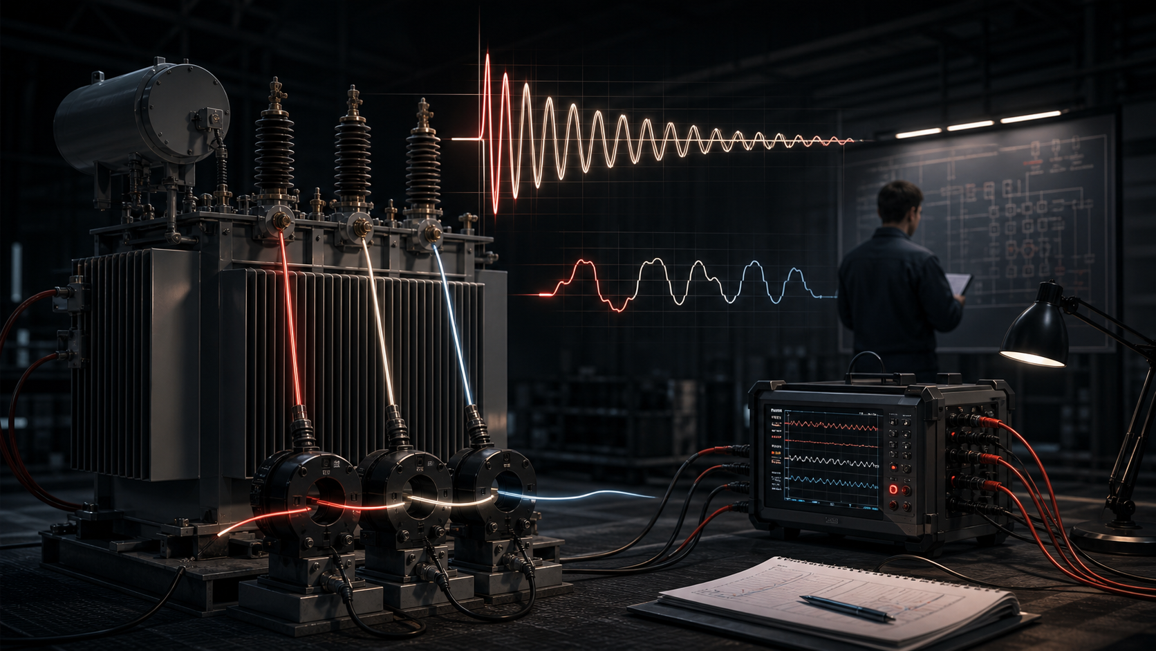 Transformer differential relay test setup showing CT saturation, inrush waveform distortion, and engineer-reviewed evidence