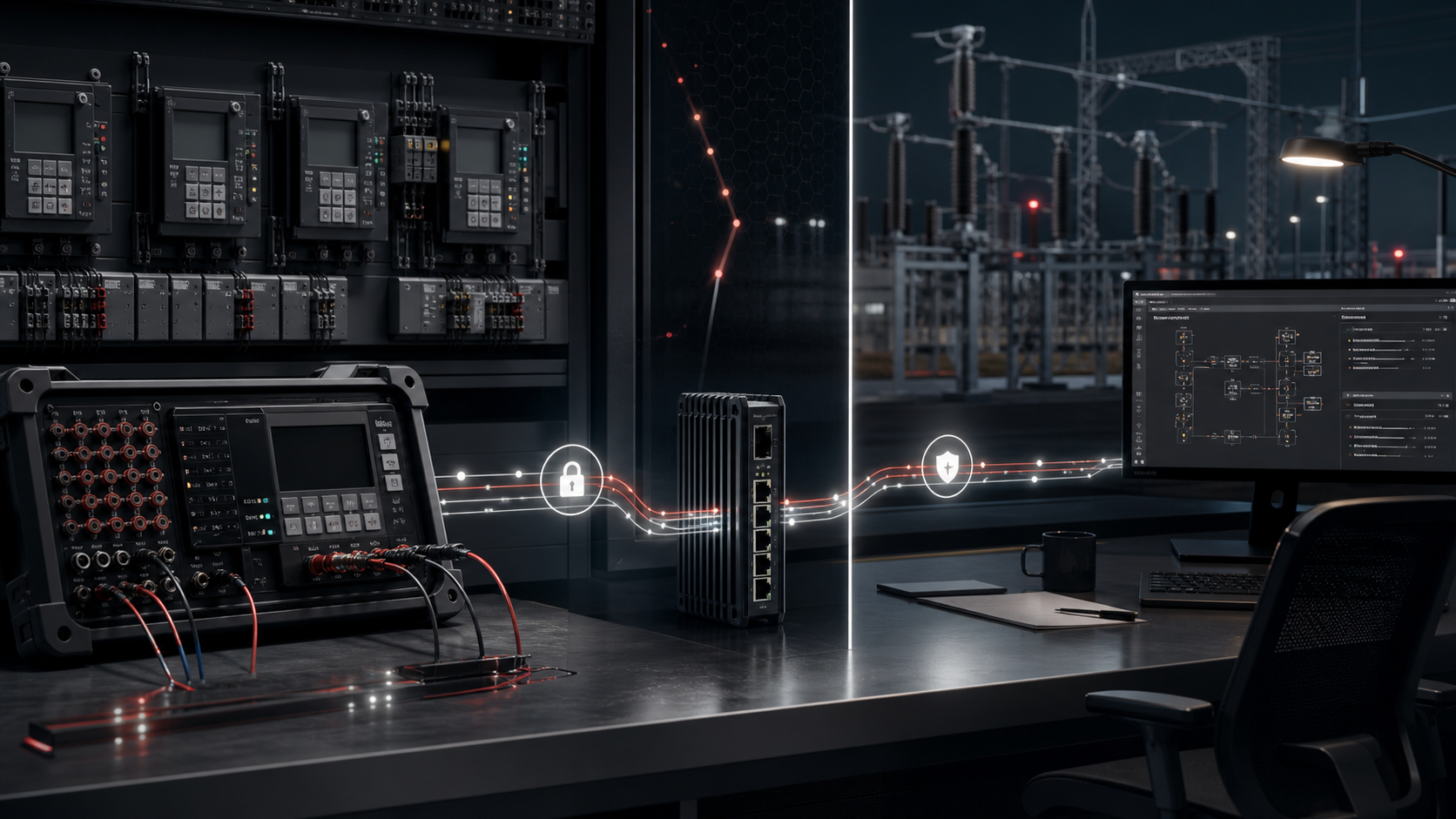 Secure AI-assisted substation testing workflow with an OT boundary, controlled gateway, local evidence, and engineer review