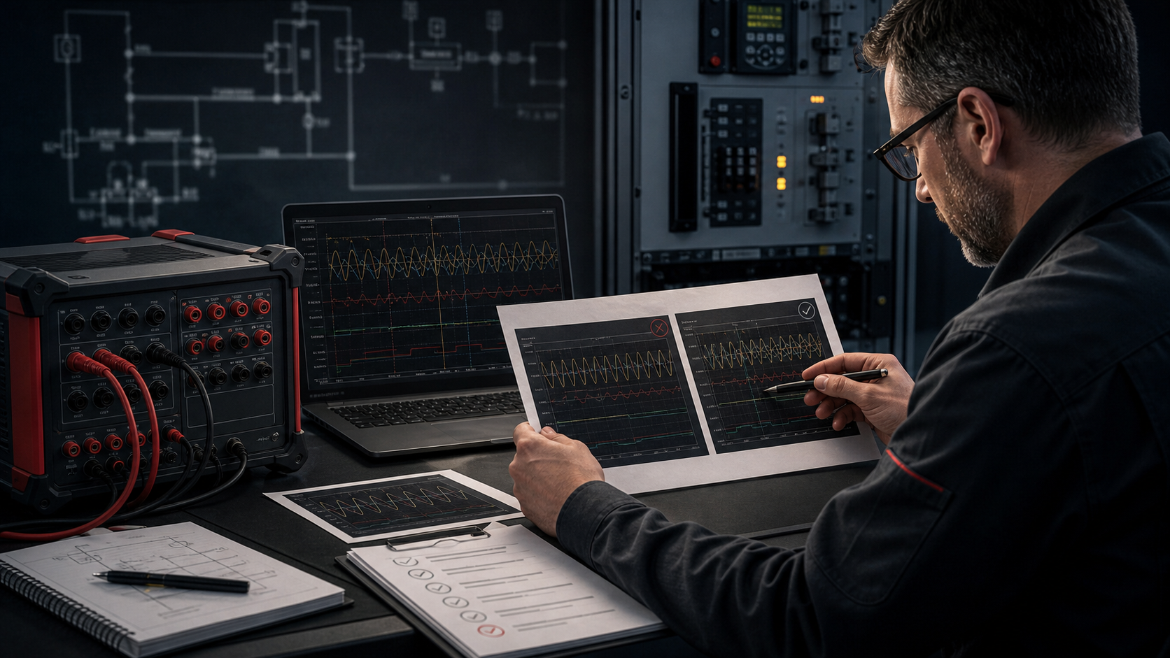 Relay test record review with generic test equipment, waveform evidence, settings context, deviations, and engineer approval