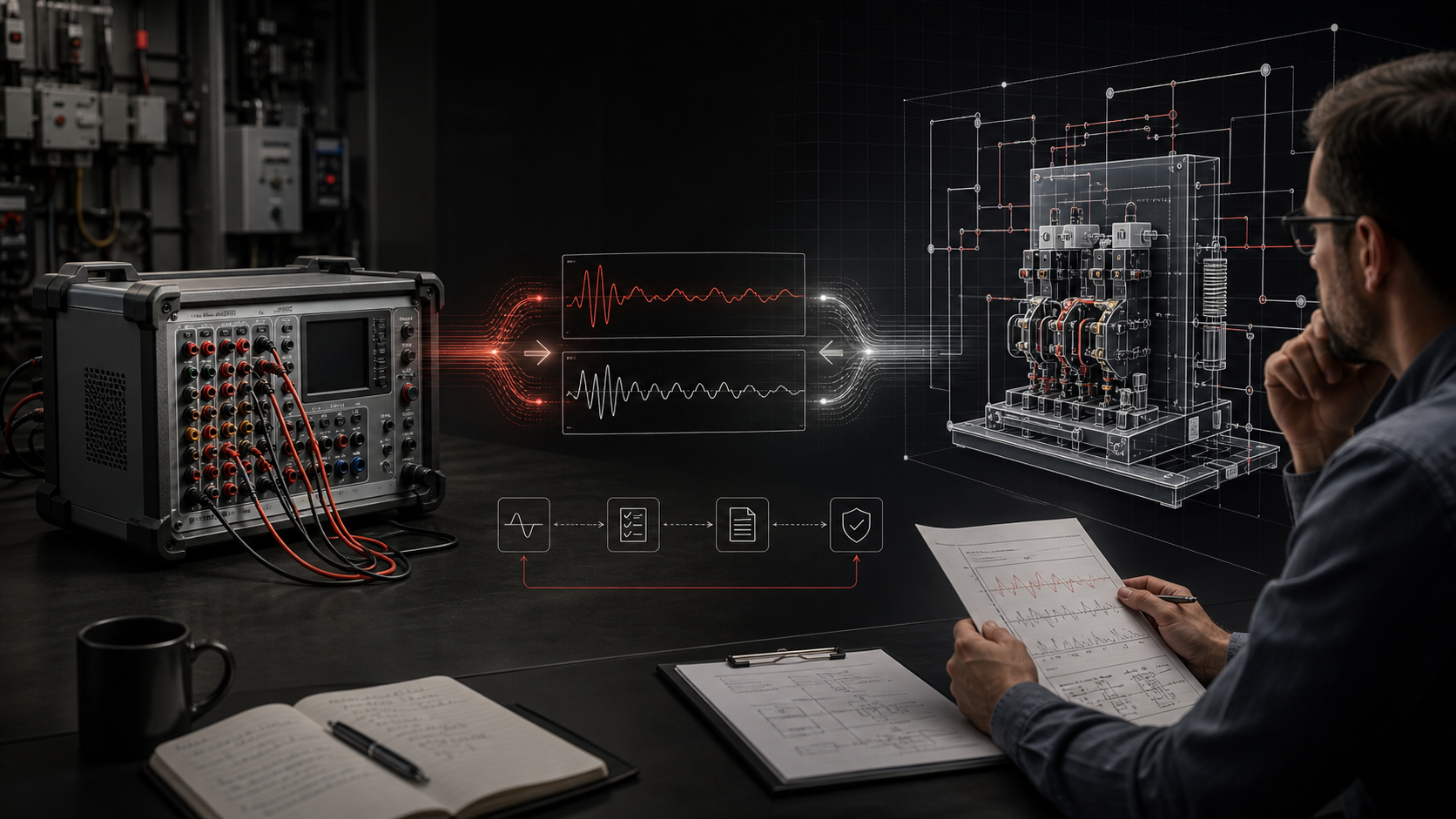 Generic relay test set and digital simulation evidence linked to RTMS-style results and engineer review