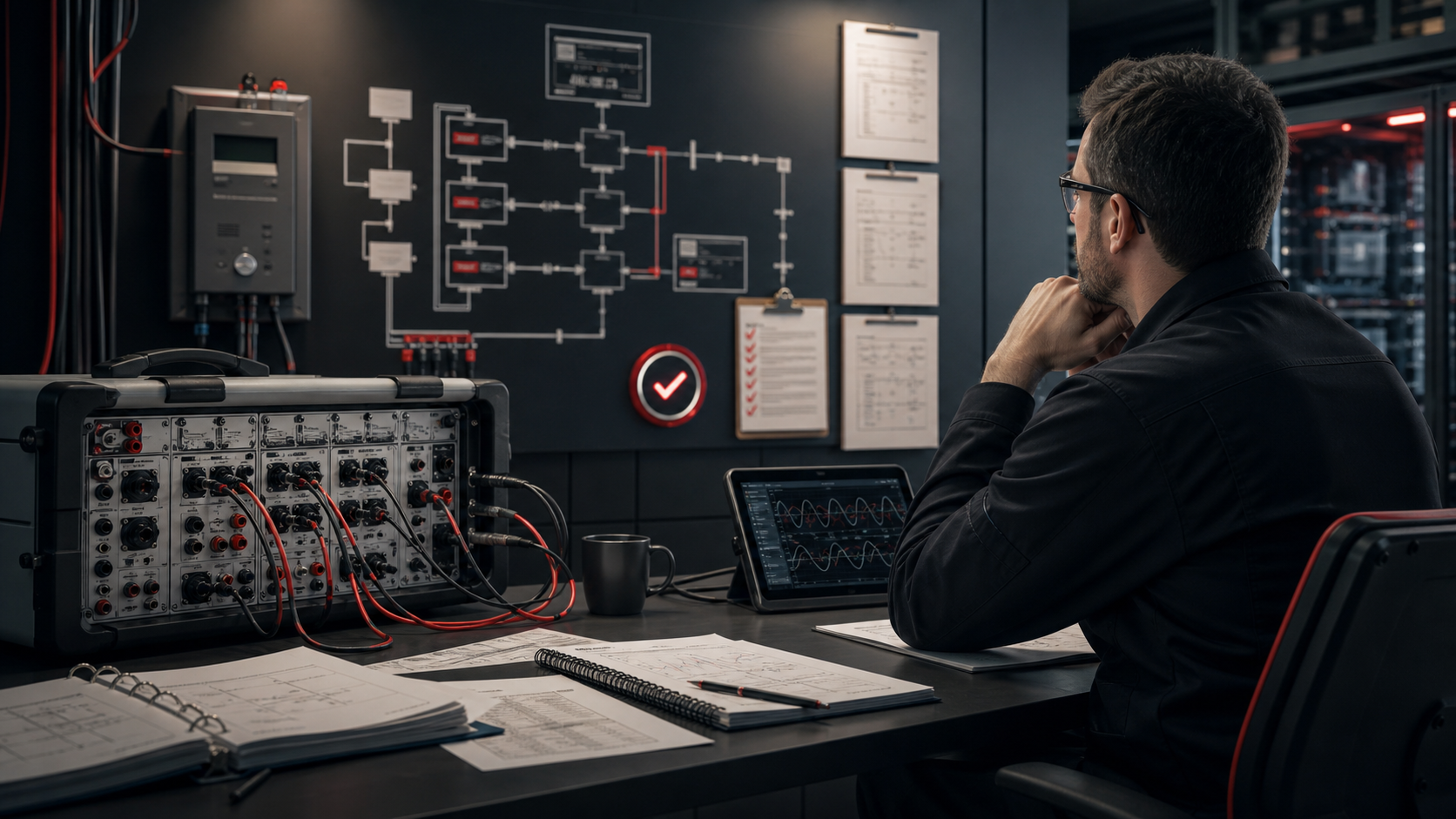 Generic modular relay test workflow showing settings import, waveform review, case matrix, and evidence handoff