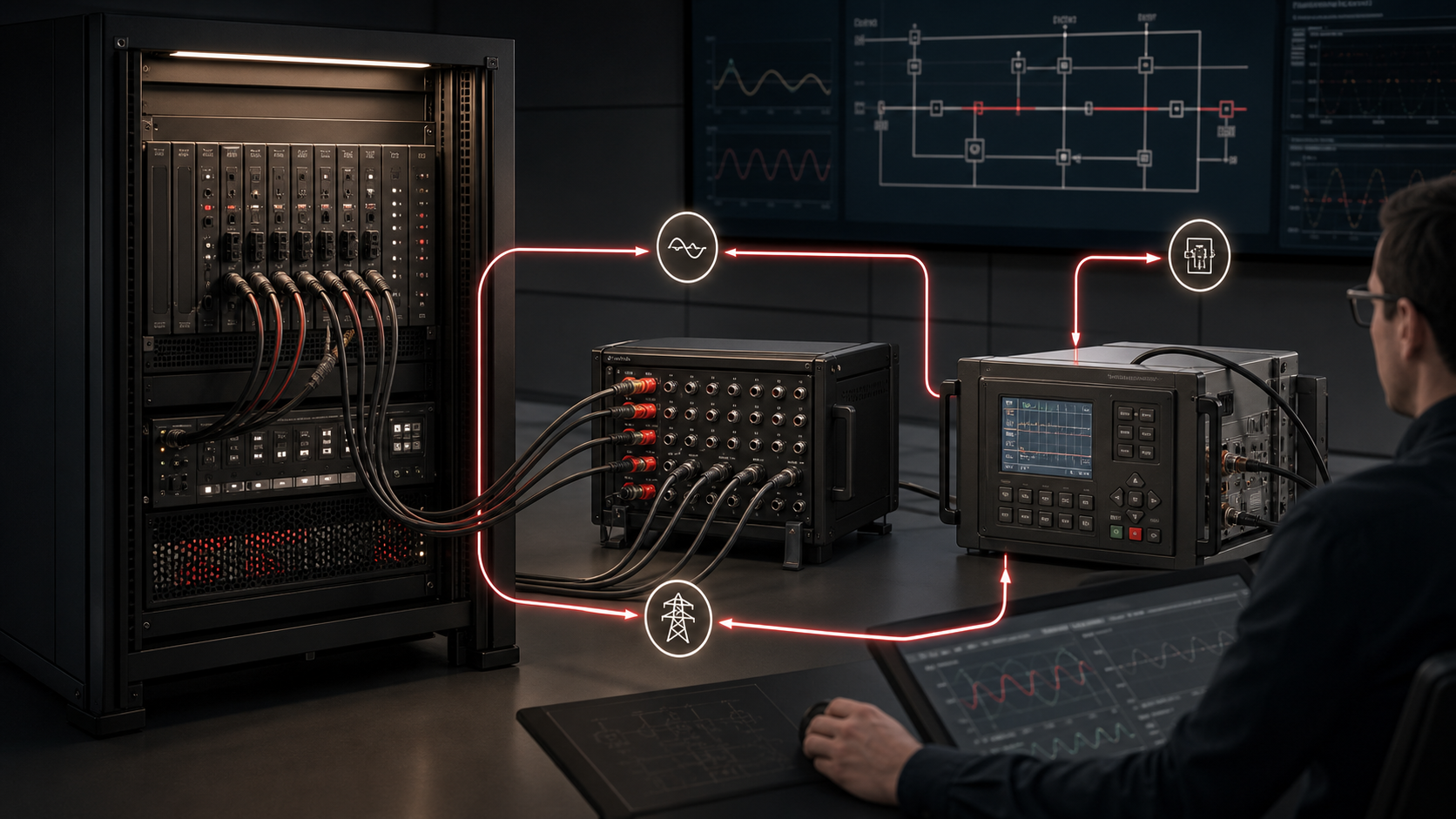 Real-time power-system simulator connected in a hardware-in-the-loop relay test with synchronized waveforms and engineer review