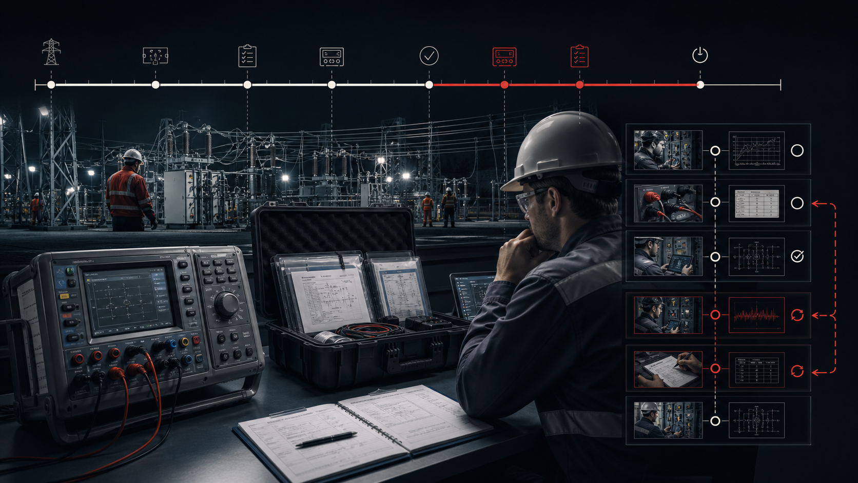 Relay-testing outage timeline with a generic test set, rework loop, evidence pack, and engineer review