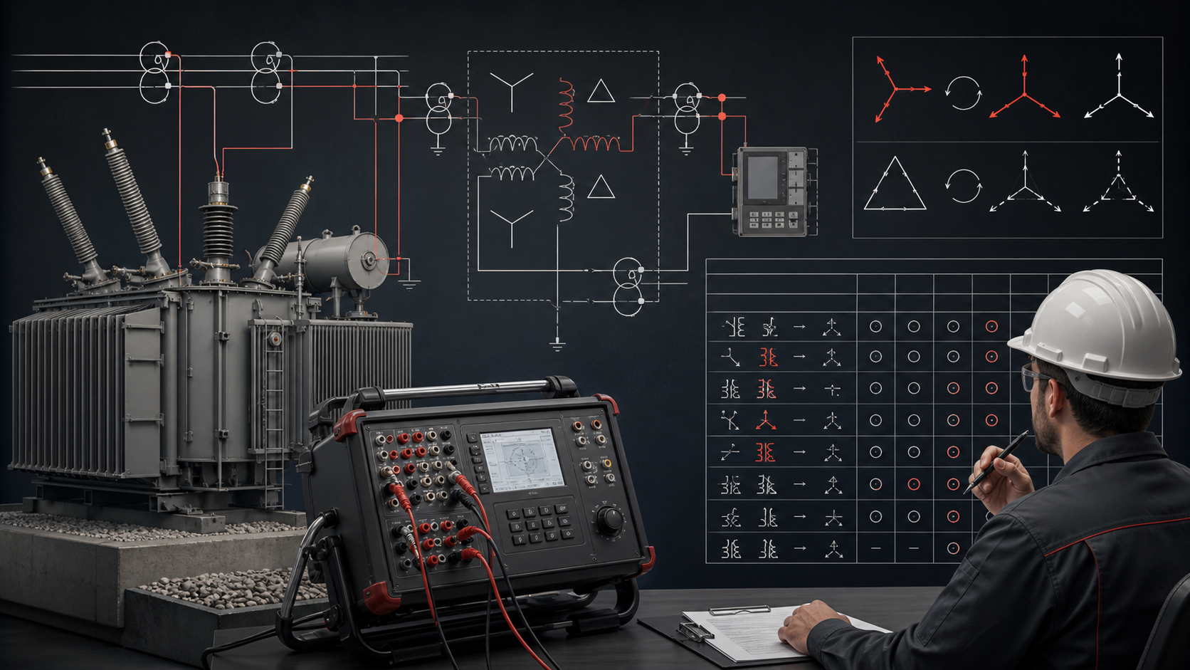 Transformer differential relay commissioning plan showing CT polarity, vector group, inrush, saturation, and engineer review