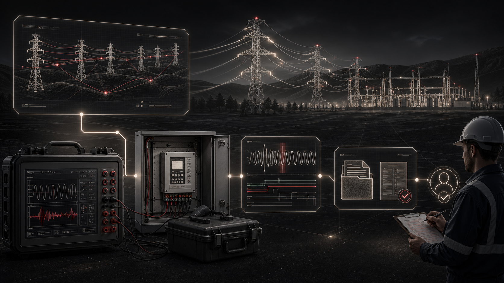 Transmission-line protection workflow connecting a network model, relay test equipment, fault waveforms, evidence records, and engineer approval