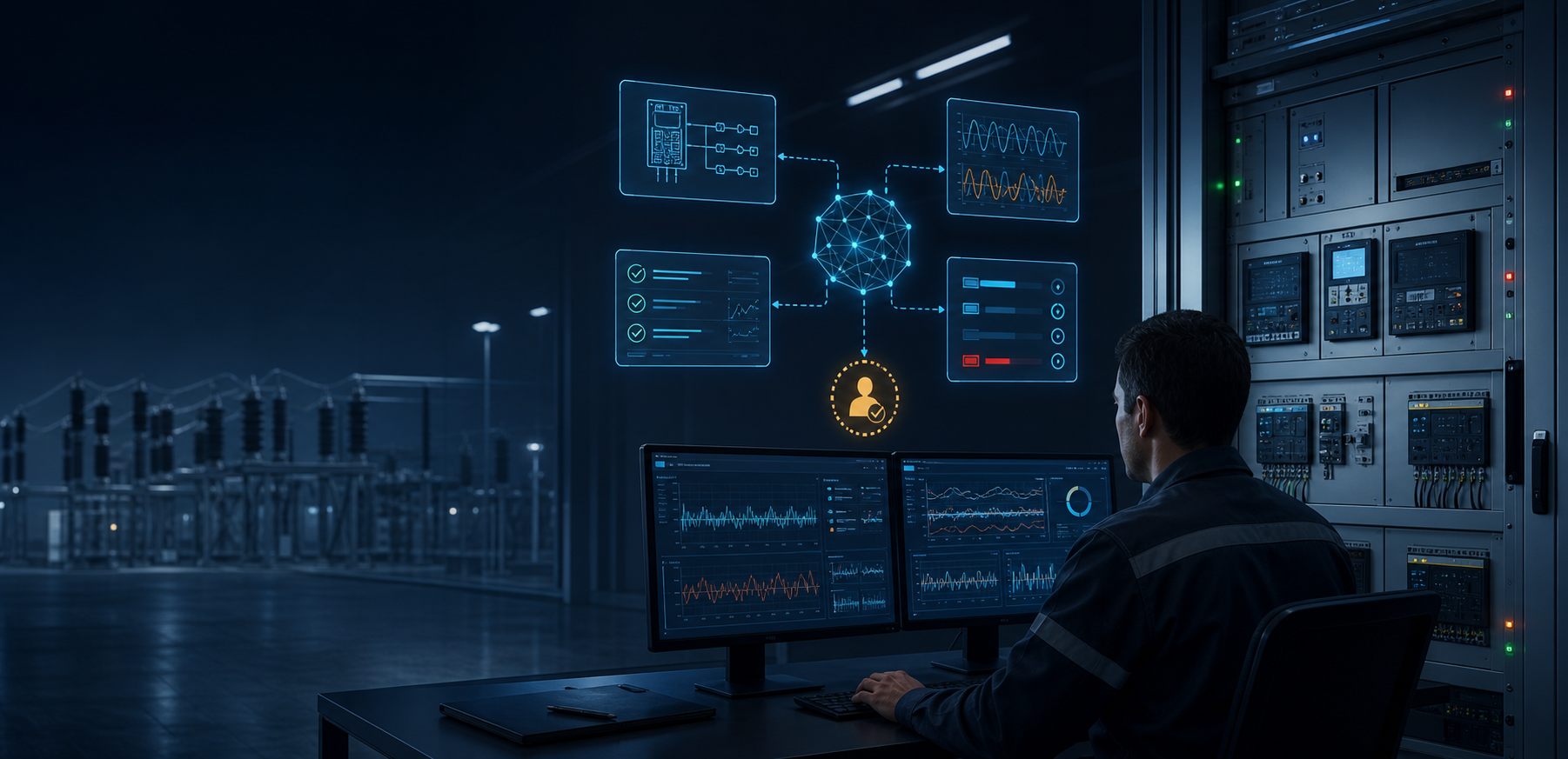 Agentic AI protective relay testing workflow with a protection engineer reviewing waveform evidence and a test approval checkpoint