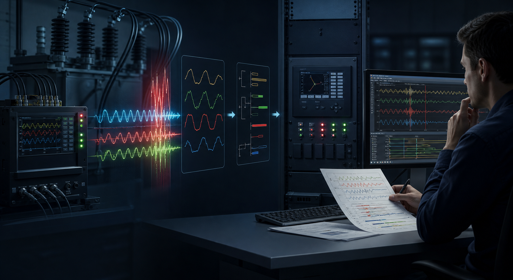 COMTRADE relay event analysis with three-phase waveforms, relay targets, and a protection engineer reviewing evidence