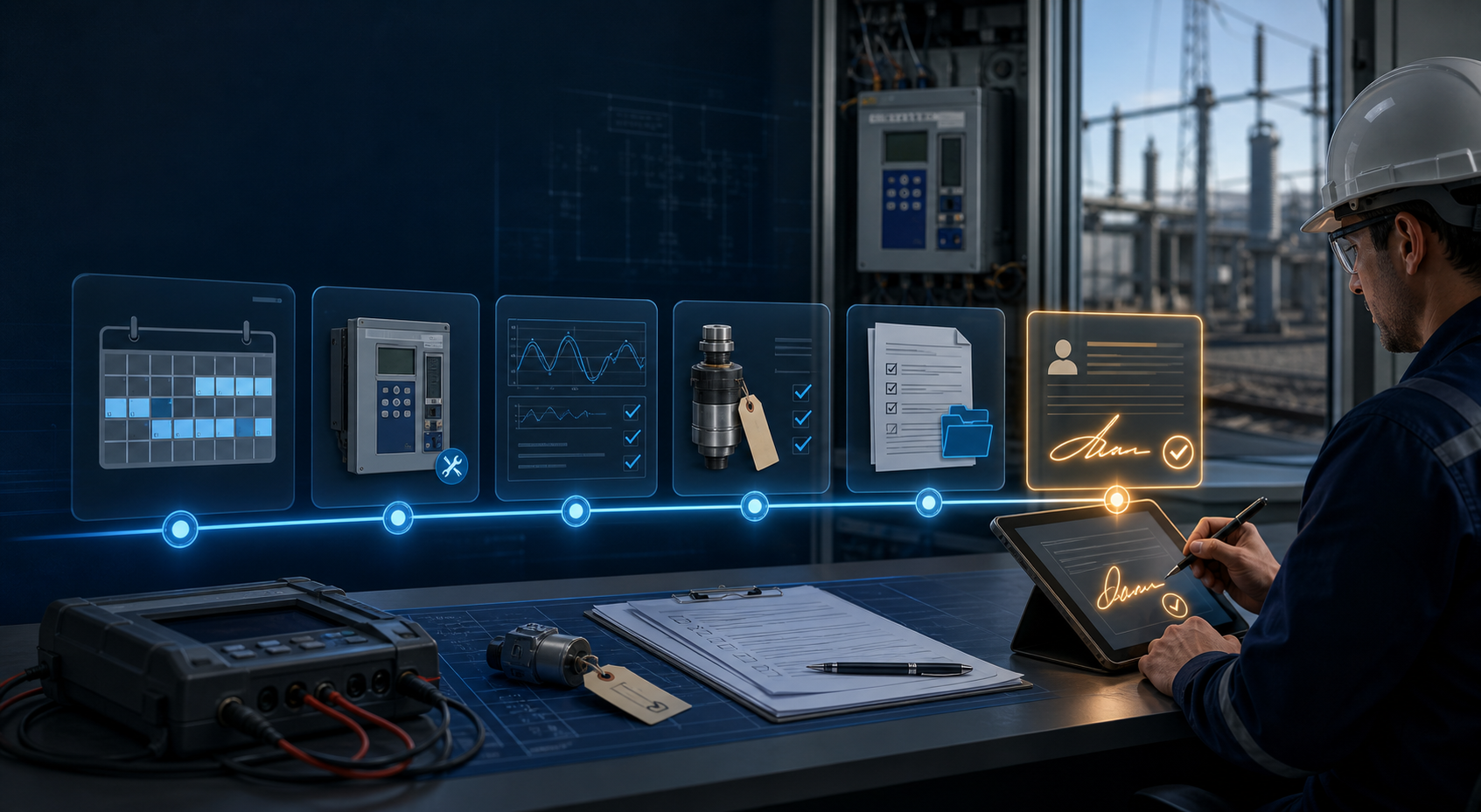 Relay maintenance and PRC-005 evidence workflow showing a maintenance interval, test results, calibration record, and engineer sign-off