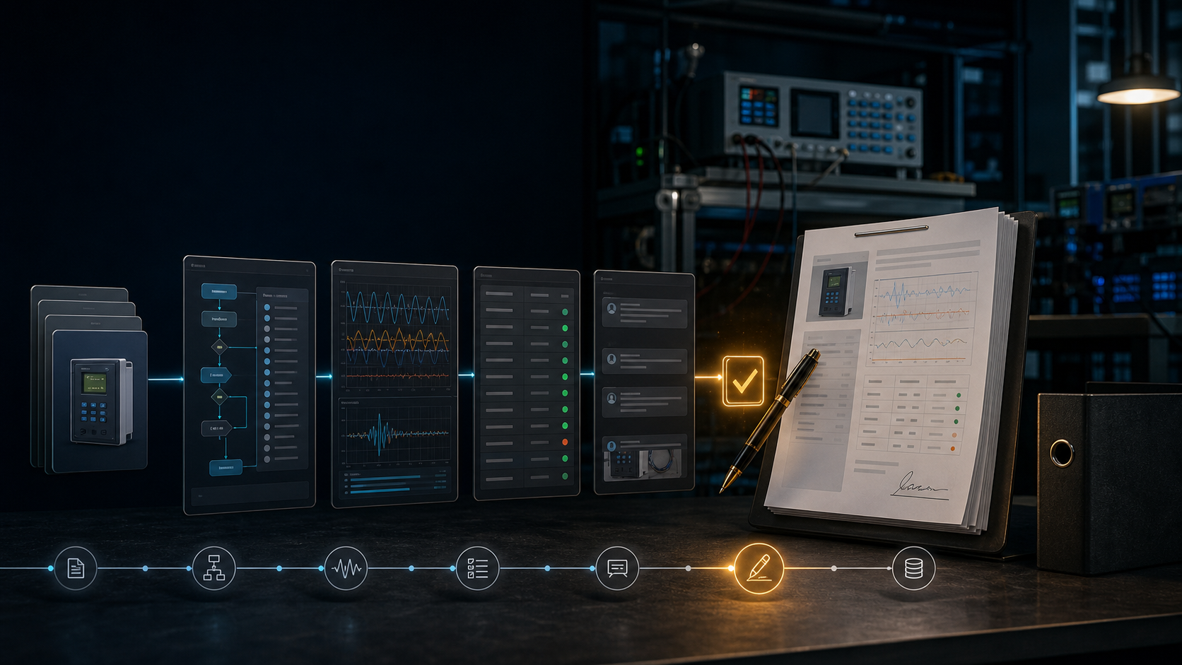 Relay test evidence audit trail linking settings, waveforms, verdicts, comments, and engineer approval