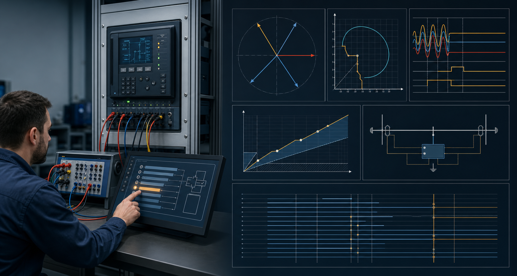 Protective relay function test matrix covering overcurrent, distance, differential, frequency, and breaker-failure logic