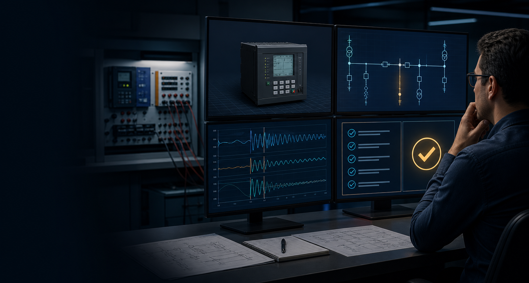Simulator-first relay testing workflow with a virtual relay, calculated fault waveforms, and engineer approval before a physical test