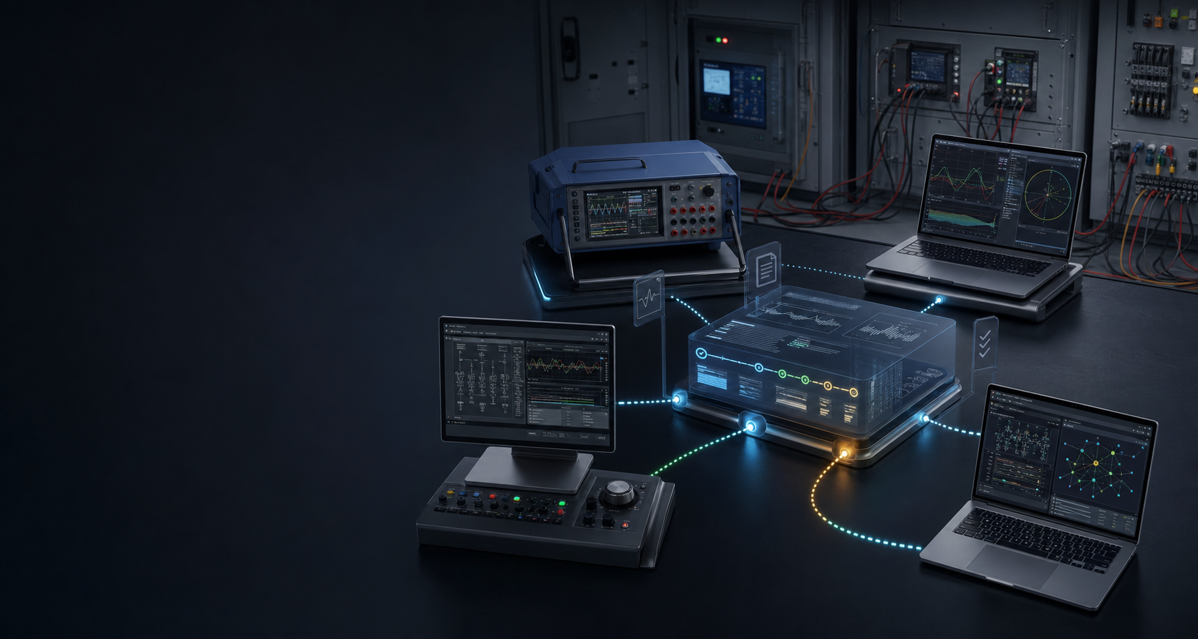 Protective relay testing software landscape showing test equipment, settings, waveforms, and a neutral evidence layer