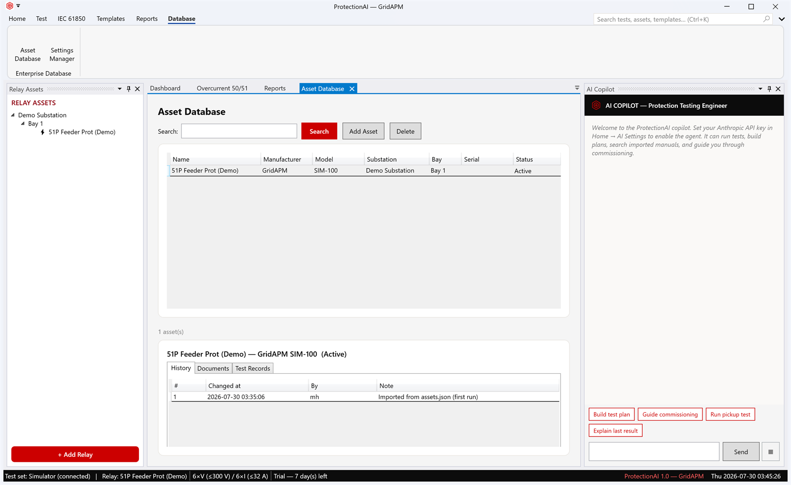 Asset Database page listing a relay asset with Name, Manufacturer, Model, Substation, Bay, Serial and Status columns plus a History tab.