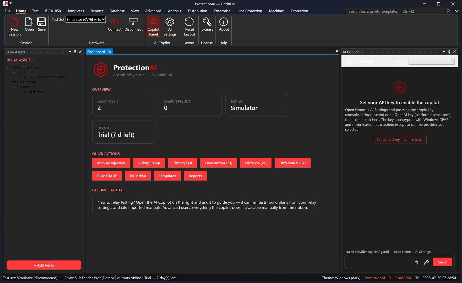 ProtectionAI dark-theme dashboard showing relay-asset tree, overview cards, quick-action buttons and the AI copilot panel.