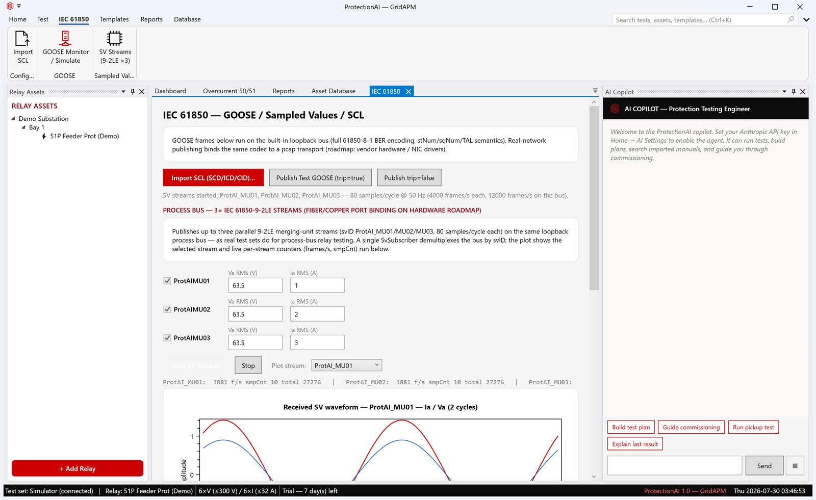 Earlier ProtectionAI IEC 61850 capture showing three 9-2LE streams on deterministic loopback with counters and a received waveform.