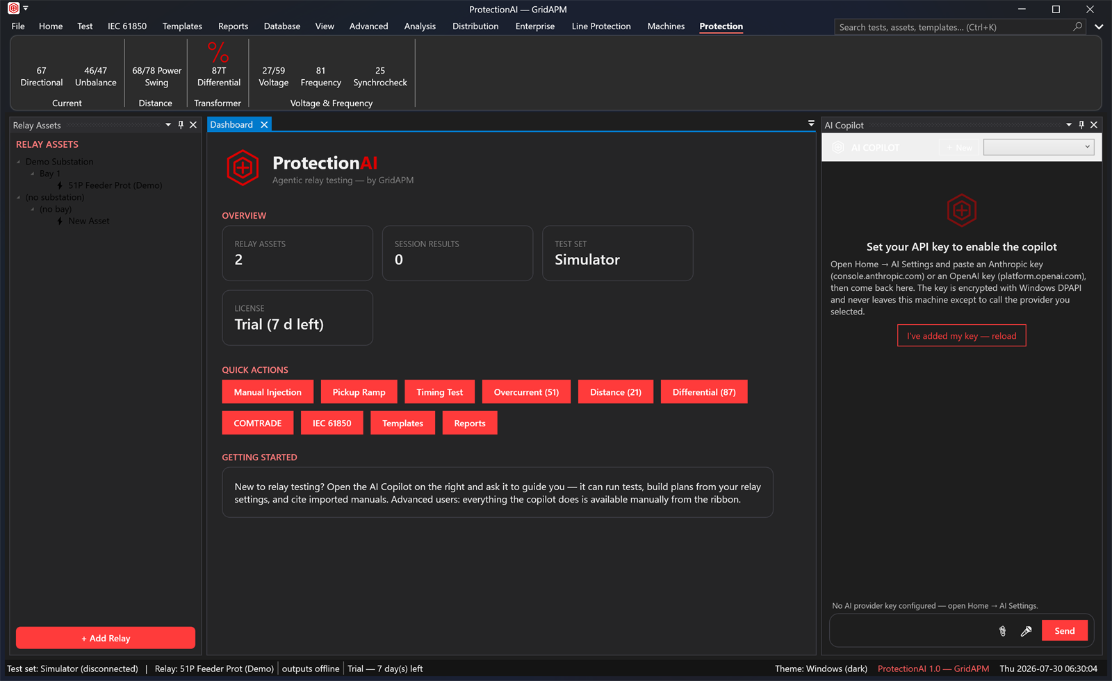 ProtectionAI ribbon on the Protection tab listing ANSI elements 67, 46/47, 68/78, 87T, 27/59, 81 and 25 in grouped sections.