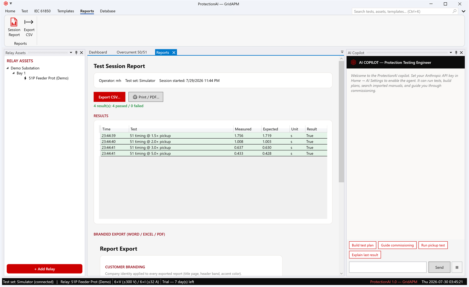 Test Session Report listing four 51 timing results with measured and expected seconds, all passing, plus CSV and PDF export buttons.